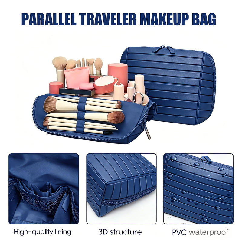 Foldable Travel Makeup Bag,27 Pockets 3 Brush Slots,Large Capacity Cosmetic Bags Toiletry Case Navy Blue