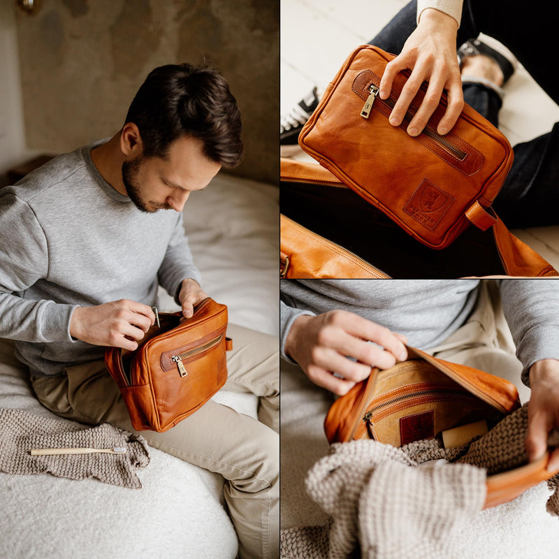 BERLINER BAGS Vintage Genuine Leather Toiletry Bag For Men Paul, Brown | Leather Travel Bag, 1-2 Zippered Compartment, Large Capacity, YKK Metal Zipper, Leather Handle 1 Compartment