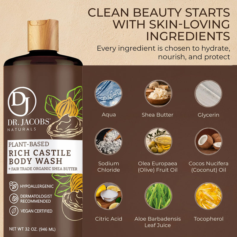 Dr. Jacobs Naturals Pure Castile Soap Liquid Body Wash, Sandalwood - Plant Based Soap Infused with Vitamin E and Aloe Vera to Moisturize Dry and Sensitive Skin - Made in The USA - 16 oz 16 Fl Oz (Pack of 1)
