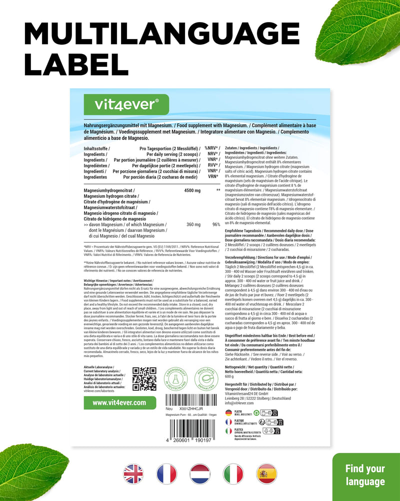 [Australia] - Magnesium Pure - 600 g powder (4.3 months supply) - Laboratory tested (active ingredient content & purity) - Pure powder without additives - Premium quality - Vegan 600 g (pack of 1) 