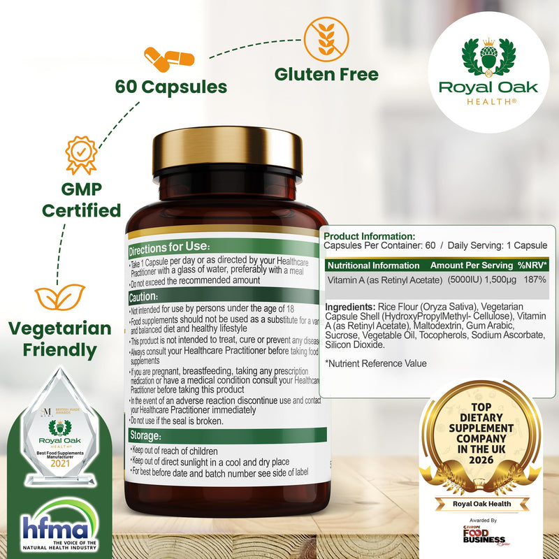Vitamin A 5000IU | 60 Vegan Capsules | Retinyl Acetate | Supports Vision, Skin & Immune Function | Gluten & Dairy Free | Made in Britain