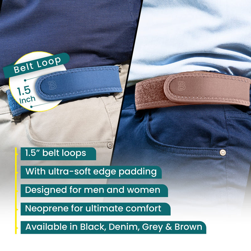 [Australia] - BeltBro Neo Buckle-Free Elastic Belt - Ultra-Soft Padding For Ostomy Bag, Back Pain & Wheelchair - Fits 1.5 Inch Belt Loops Denim 