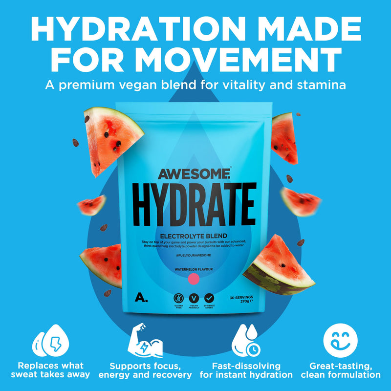 Awesome Hydrate – Vegan Electrolytes Powder – 270g Instant Electrolytes Powder – Sodium, Zero Calorie, Potassium Supplements – Vegan & Gluten-Free Hydration Supplement – (Watermelon Flavour, 270g Watermelon