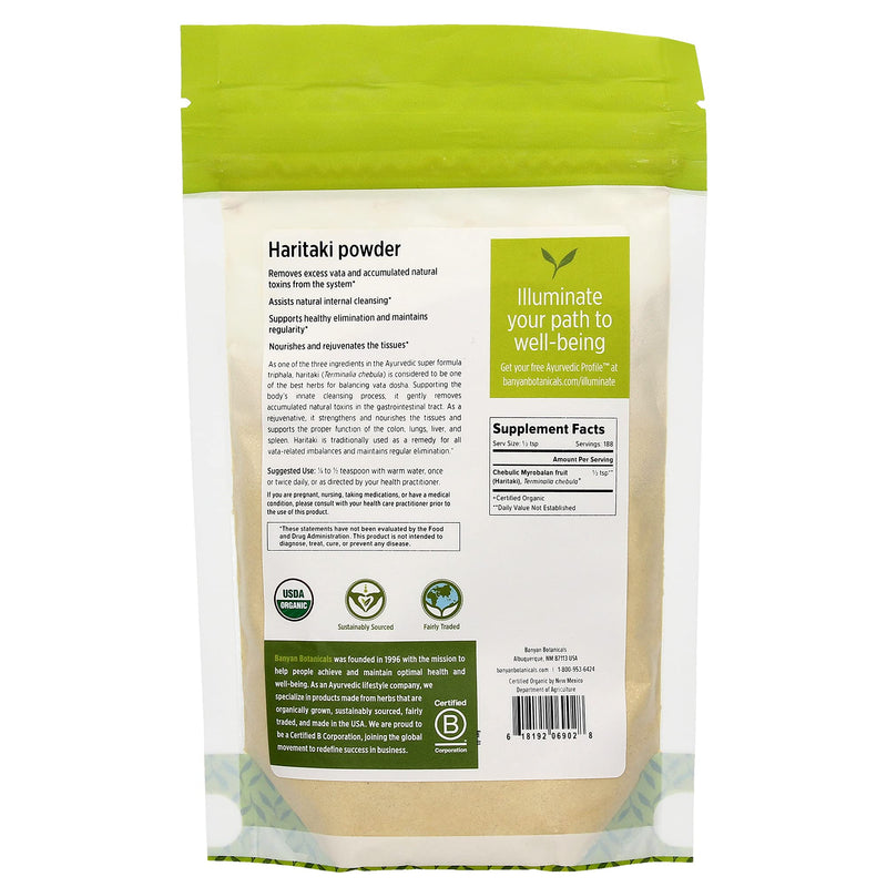 [Australia] - Banyan Botanicals Haritaki Powder – Certified Organic, 1 Pound – Terminalia chebula – for Detoxification & Rejuvenation* – Organic, Vegan, Non-GMO, Gluten Free, Certified Fair for Life Fair Trade 1 Pound (Pack of 1) 
