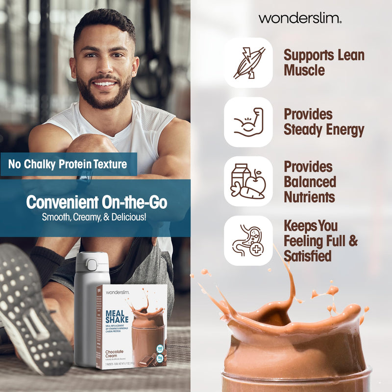 Wonderslim Protein Meal Replacement Shake Powder – 7ct (Chocolate Cream) | 15g Protein, 24 Vitamins & Minerals, Low Carb, Low Calorie, Gluten Free – Meal Replacement Drinks for Weight Management Chocolate Cream