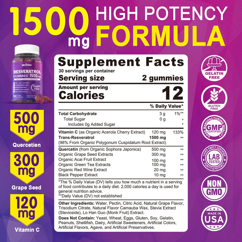 [Australia] - Resveratrol Gummies 1500mg - Sugar Free Resveratrol Supplement with Quercetin, Grape Seed, Acai Berries Extracts Support Antioxidant, Healthy Aging & longevity, Skin, Joint, Brain Wellness - Vegan 60 Count (Pack of 2) 