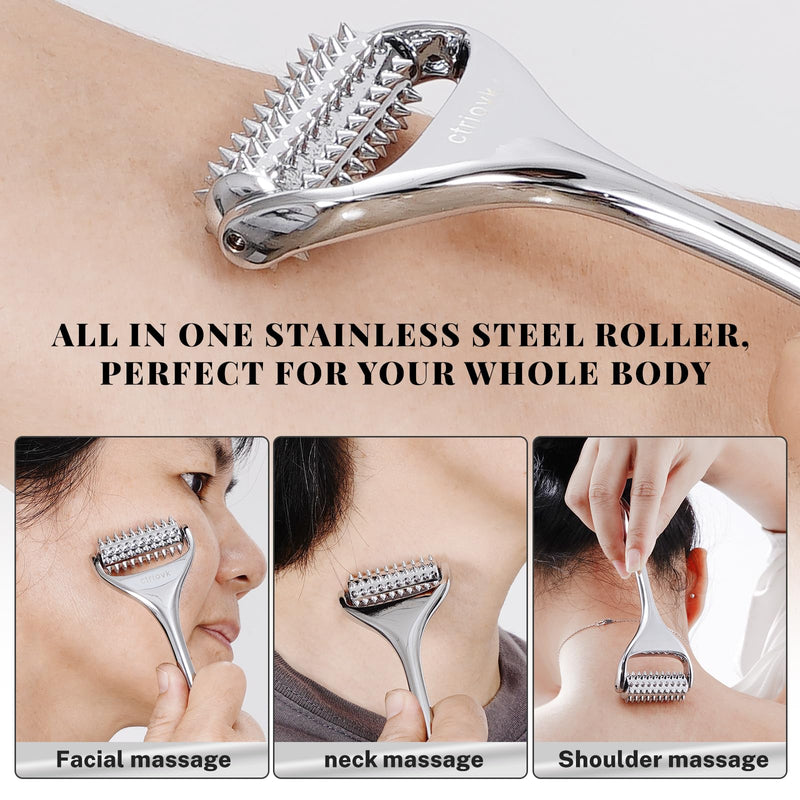 [Australia] - Acupuncture Massage Roller, Stainless Steel, Portable Manual Roller for Whole Body Pain Relief, Puffiness Reduce and Muscle Relaxation Massage, Silver 