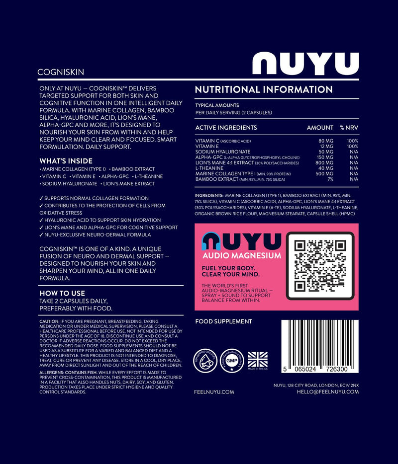 NUYU COGNISKIN™ Capsules. Neuro-Dermal Supplement with Marine Collagen, Hyaluronic Acid, Lion’s Mane & Alpha-GPC for Skin Hydration, Collagen Support & Cognitive Clarity. Two-a-Day, 1 Month Supply.