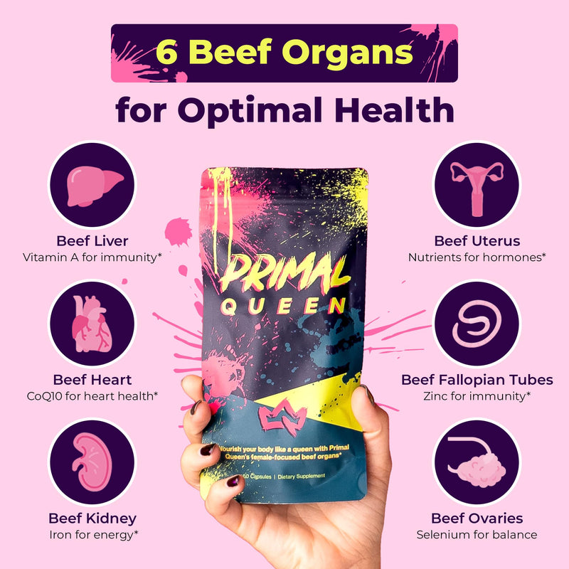Primal Queen Beef Organ Superfood, Grass-Fed Liver Kidney Heart for Women | Female-Optimized Blend of 6 Pasture-Raised Organs for Hormone Balance, Energy and Vitality; 3rd-Party Tested 60 Count (Pack of 1)