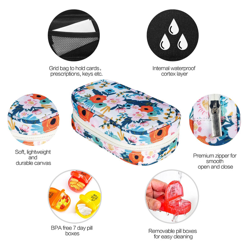 [Australia] - Serfeymi Weekly Travel Pill Organizer 2 Times A Day AM PM Upgraded Rainbow Pill Box 7 Day with Portable Zipper Canvas Pill Case, Medicine Organizer for Pills, Vitamins, Fish Oils - Bloom 01 Canvas Pill Box A Canvas Bloom 01. 