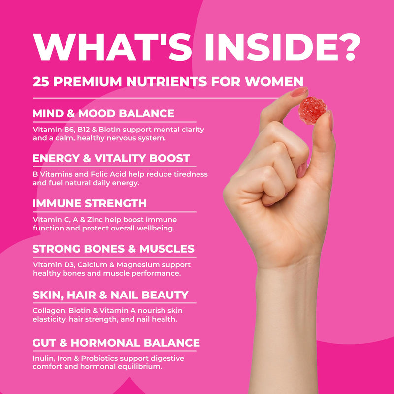 Women’s Multivitamin Gummies – 25 Essential Vitamins, Minerals & Probiotics | with Marine Collagen, Hyaluronic Acid, Biotin, Folic Acid, B5, B6, B12, C & D3 | Sugar-Free & Gluten-Free | 1 Month Supply