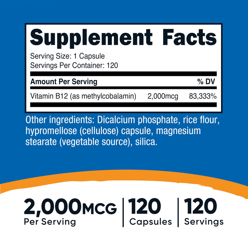 Nutricost Vitamin B12 (Methylcobalamin) 2000mcg, 120 Capsules - Vegetarian Caps, Non-GMO, Gluten Free B12 Supplement (Pack of 2) 120 Count (Pack of 2)
