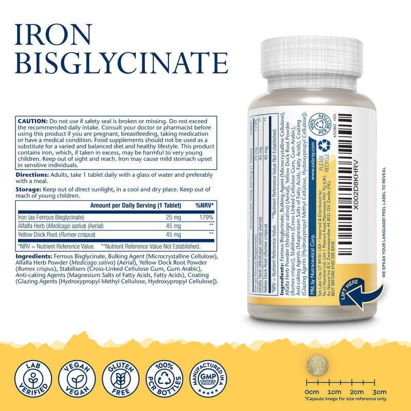 Solaray Gentle Iron Bisglycinate 25mg - 60 Vegan Tablets - High Strength Iron Supplement for Energy Support for Men & Women - with Added Alfaalfa Herb and Yellow Dock Root - Lab Verified