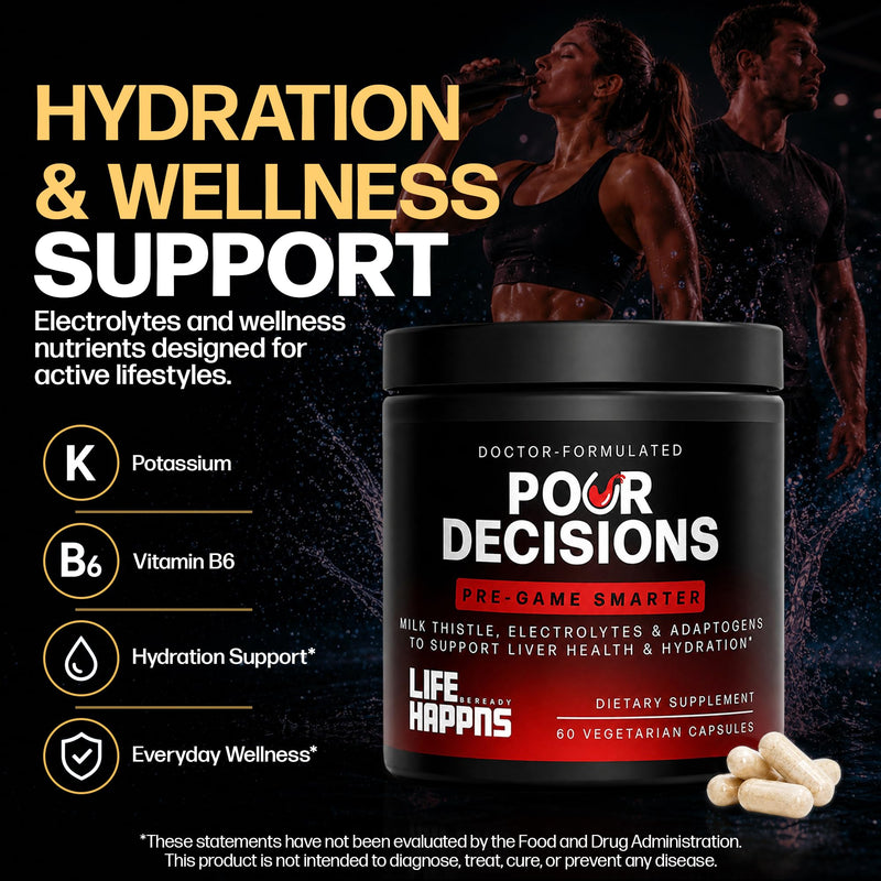 Pour Decisions Alcohol Support Supplement for Adults with Milk Thistle, Potassium, Vitamin B6 & Schisandra – Doctor Formulated Next-Day Wellness, Hydration, Liver Health & Antioxidant Support – 60 ct