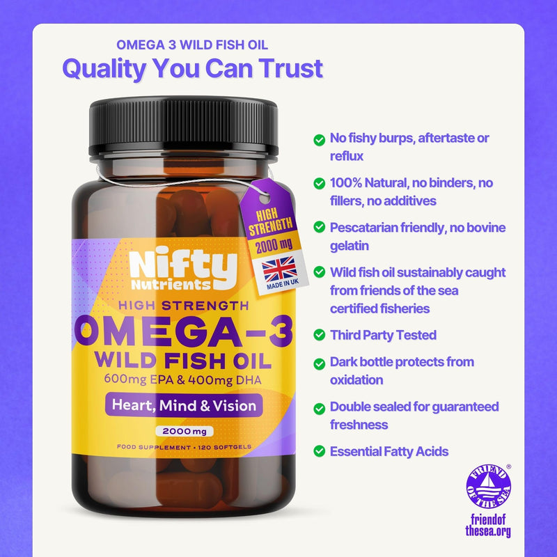 Omega 3 Capsules High Strength Pure Natural Wild Fish Oil Capsules | 2000mg High Strength Softgels | Providing a High Source of EPA & DHA | Made in the UK