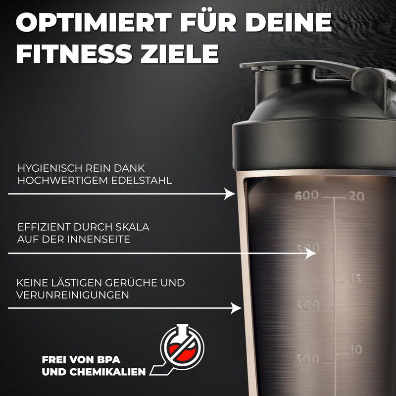[Australia] - ZENICS ® shaker stainless steel [black, 600 ml] for creamy fitness shakes - durable protein shaker with double-walled stainless steel - protein shaker for gym black 