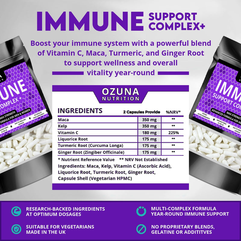 Immune Support Supplement with Vitamin C, Liquorice Root, Maca, Kelp, Turmeric & Ginger - Immunity Booster Complex for Daily Defense - 60 Vegetarian Capsules