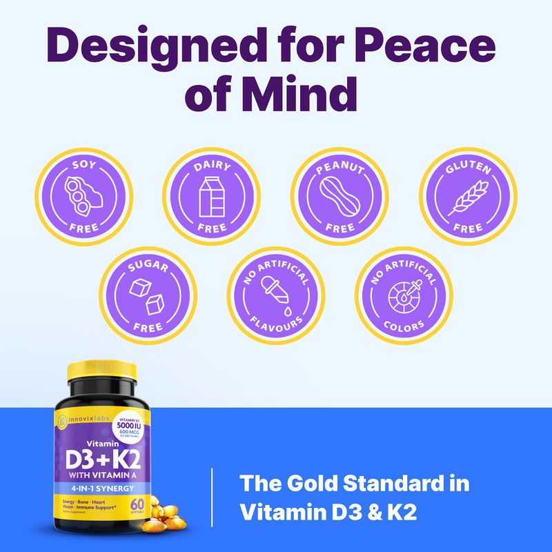 [Australia] - InnovixLabs Vitamin D3 K2-5000 IU Vitamin D3 Plus 600 mcg Vitamin K2 MK4 and MK7 for Max Calcium Absorption, Supports Bone, Immune, Heart Health, 3rd Party Tested, Gluten Free, 60 Softgels 