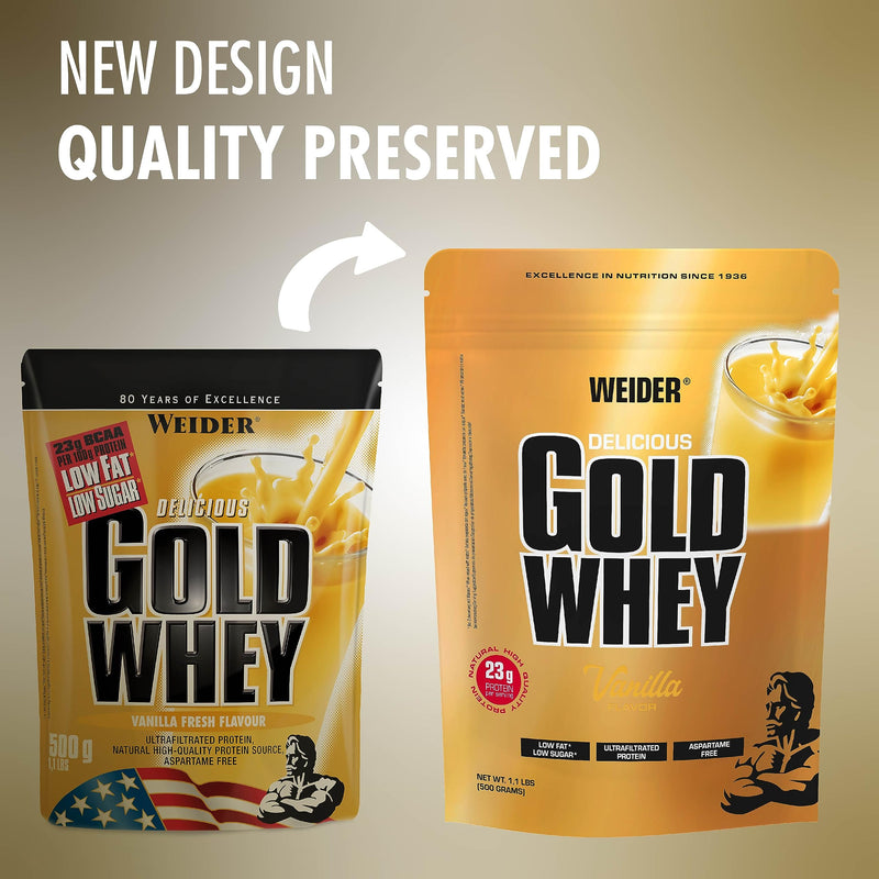 Weider Gold Whey Protein, Vanilla, Natural High-Quality Protein Source, 24g of Protein Per Serving, 500g