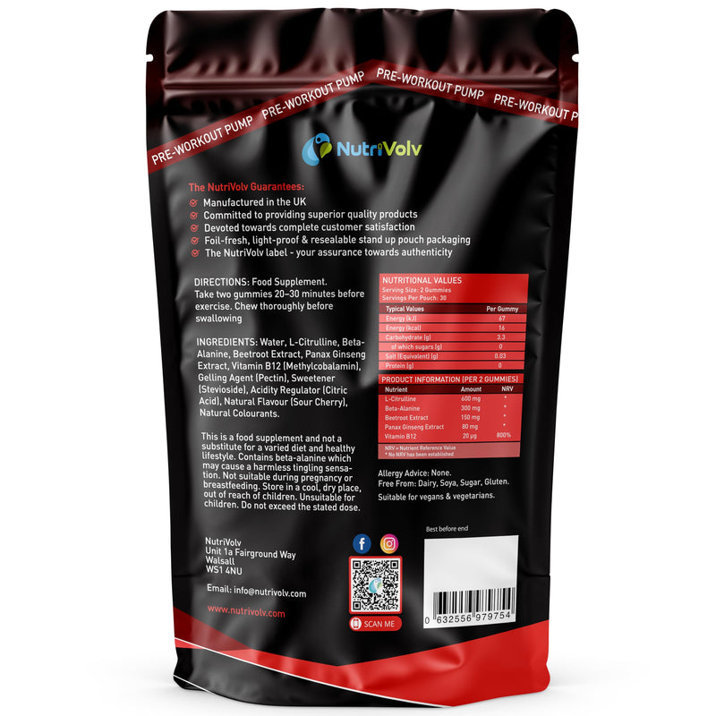 Pre-Workout Pump Gummies | 60 Vegan Gummies | L-Citrulline, Alanine, Beetroot, Ginseng & B12 | No Added Caffeine Pump & Energy Support, Fast-Acting | Sour Cherry | 30 Servings | UK Made | by NutriVolv