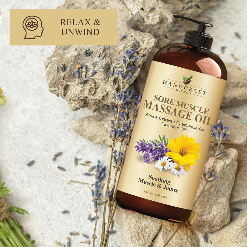 [Australia] - Handcraft Blends Sore Muscle Massage Oil 8 Fl Oz - Moisturizing Body Oil for Massage Therapy - Made with Arnica Extract, Chamomile, Lavender, Peppermint Oils 8 Fl Oz (Pack of 1) 