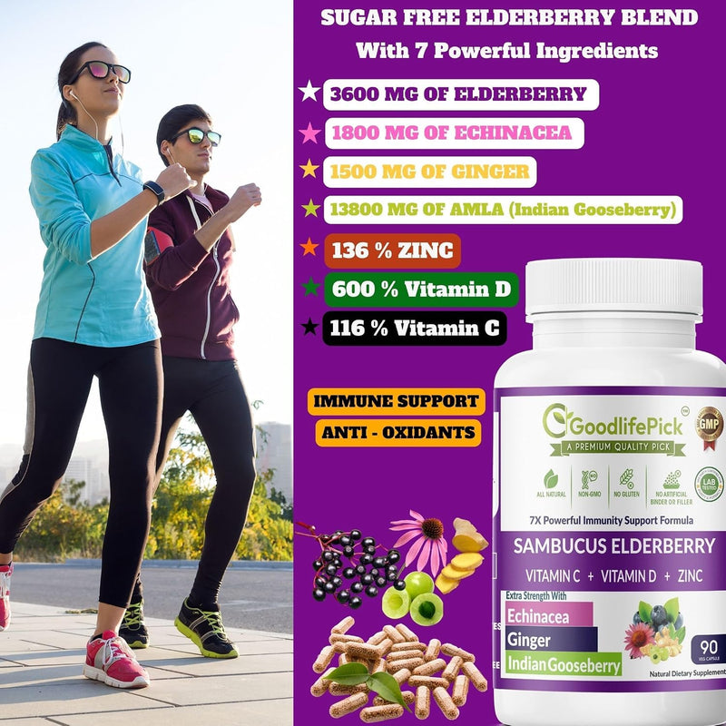 7 in 1 Elderberry with ZINC, Vitamin C, Vitamin D, Echinacea, Ginger & Indian Gooseberry (Amla).Premium Elderberry Capsules 90 ct, All Natural,Non-GMO,Vegan,No Rice Powder, No-Gluten 90 Count (Pack of 1)
