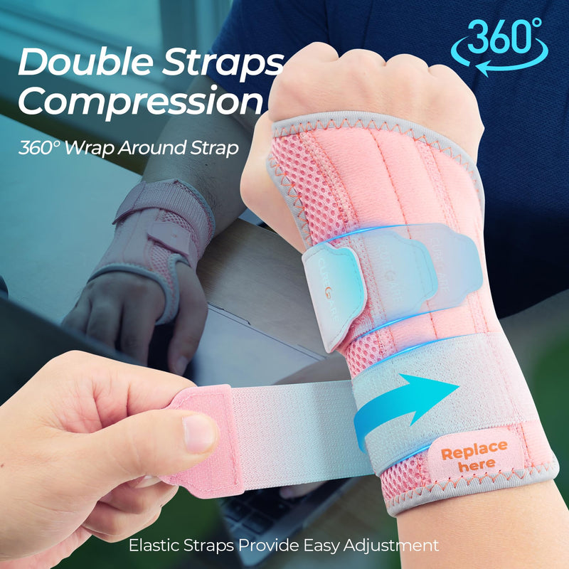 2 in 1 Carpal Tunnel Wrist Brace, 3 Adjustable Stability Wrist Support, Customized Wrist Splint with Replaceable Springs (Right - Pink, S/M) Right-Pink