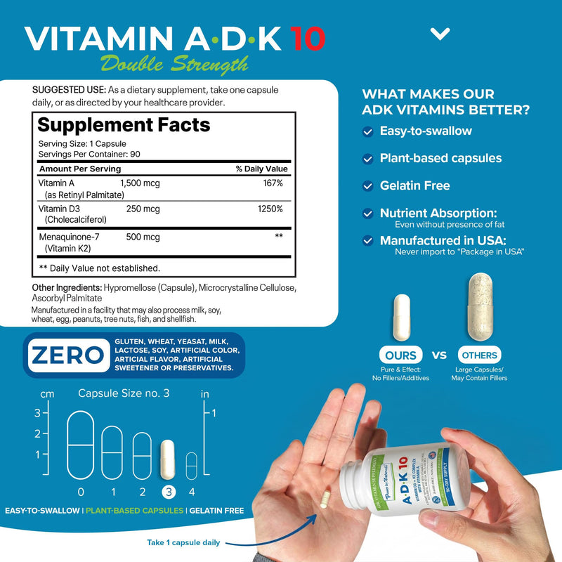 Power By Naturals ADK 10 Vitamin Supplement – Vitamins A, D3 & K2 MK-7 for Bone, Heart & Immune Health – Gluten-Free, Soy-Free – 90 Capsules (3-Month Supply) 90 Count (Pack of 1)