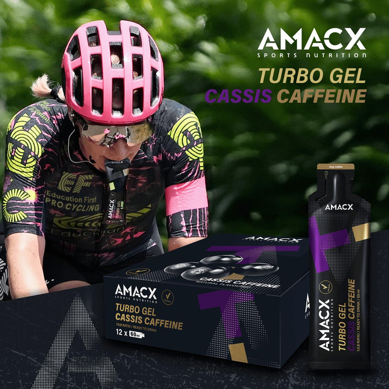 AMACX Turbo Energy Gel for Endurance Athletes with Caffeine, 12 x 60 ml, 200 mg Sodium, 40 g Carbs, Quick-Absorbing Sports Gels (Cassis Caffeine) Cassis Caffeine