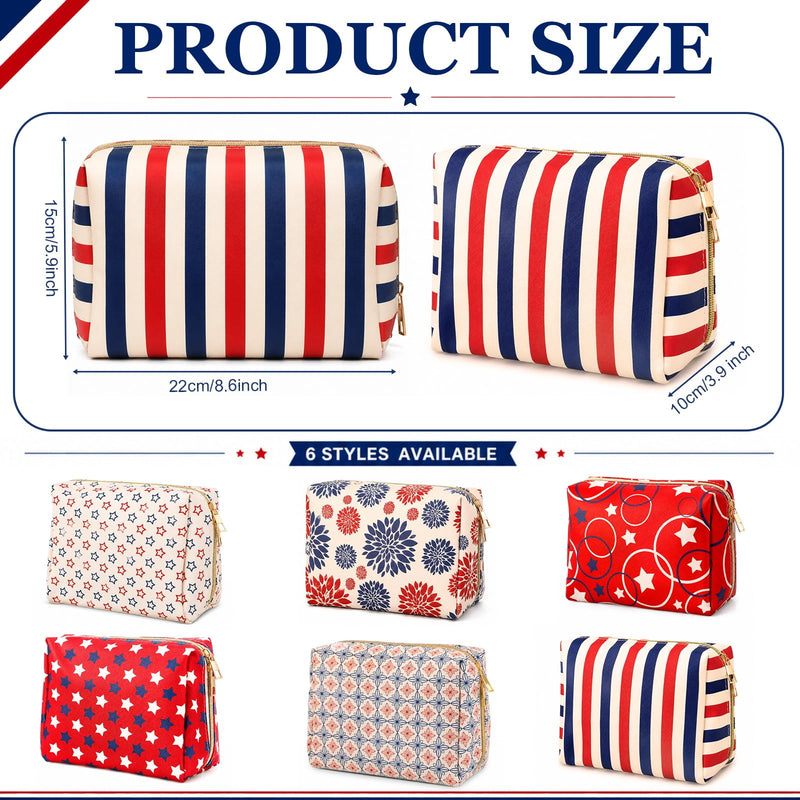 FoldTier 6 Pcs Patriotic Star Makeup Bags Bulk for Women | Red White Blue Cosmetic Bag with Zipper Organizer Travel Toiletry Pouch 8.7 x 5.9 x 3.9 in Pencil Pouch party Favor
