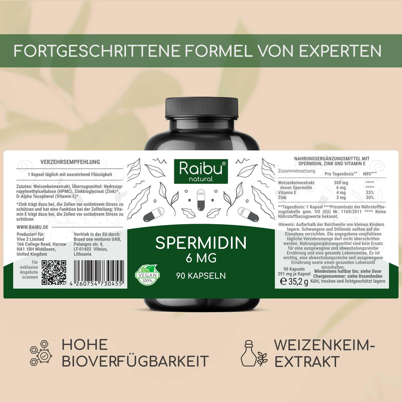[Australia] - Raibu spermidine capsules high dosage - 6 mg spermidine per capsule (90 x 6 mg) - supply for 3 months - vegan, natural & without additives - made from wheat germ extract 