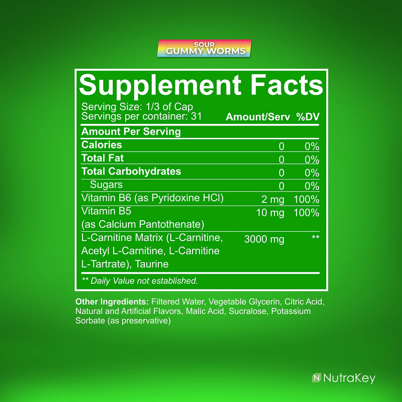 [Australia] - NutraKey L-Carnitine 3000mg, No Sugar, Gluten Free, Turn Into Fuel, (Sour Gummy Worms) 31 Servings 