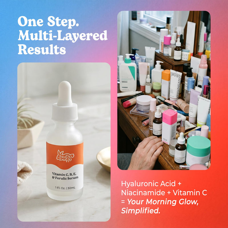 Hunny Bunny Vitamin C Serum for Face - Pure Brightening Dark Spots Sensitive Skin - Ferulic Acid, Niacinamide, L-Ascorbic Acid, Hyaluronic Acid, Vitamins B E, 1 Fl Oz