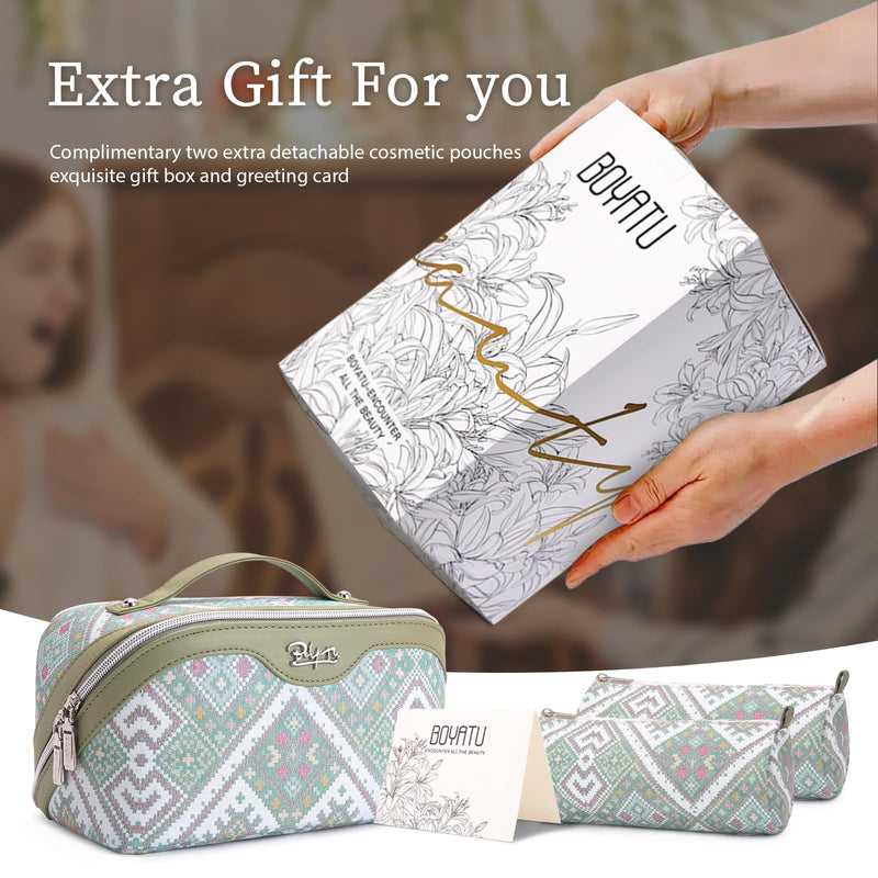 BOYATU Travel Makeup Bag Organizer: Boho Large Capacity Cosmetic Bag Sets | 3Pcs Waterproof Leather Toiletry Bags | 180°Open Flat Make up Case with Compartments | Western Travel Essentials for Women 17-Mint Green
