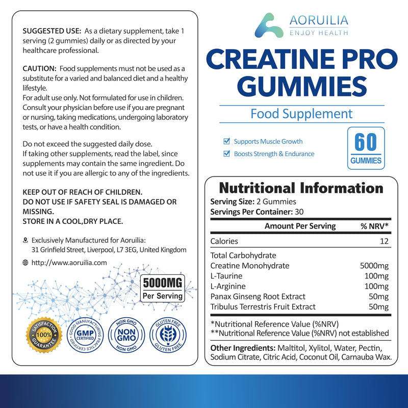 Creatine Gummies for Men & Women 5000mg 60 Chewable Creatine Monohydrate Gummies for Muscle Strength & Growth Sugar Free Pre-Workout Supplementm Vegans Gym (Blueberry Flavour) 60 count (Pack of 1)