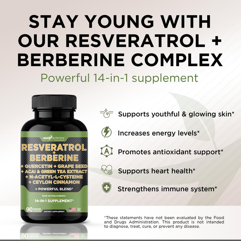 [Australia] - Gade Nutrition Resveratrol Berberine Quercetin Grape Seed Extract Green Tea Extract N-Acetyl Cysteine - 14 in 1 Complex Supplement for Women & Men with Potent Antioxidants - Made in USA 
