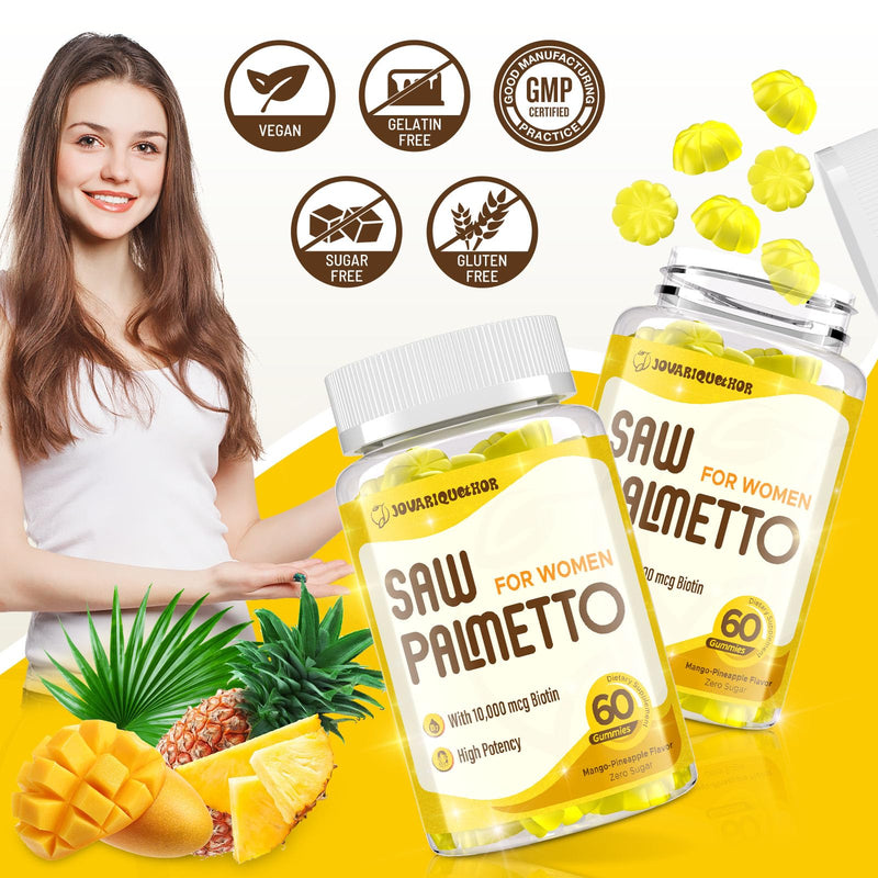 Jovariquethor Saw Palmetto for Women - DHT Blocker Hair Growth Supplement - 500mg Potent Saw Palmetto Gummies for Hair, Skin, Nails, Urinary Wellness - Mango-Pineapple Flavor - 60 Gummies 60 Count (Pack of 1)