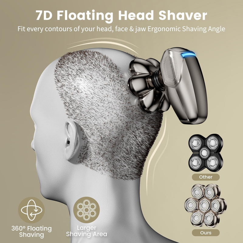 7D Head Shavers for Bald Men, SHPAVVER Detachable Head Shaver LED Display Dry Wet Bald Head Razor, IPX7 Waterproof Head Shavers with Type-C Charge Gold-d