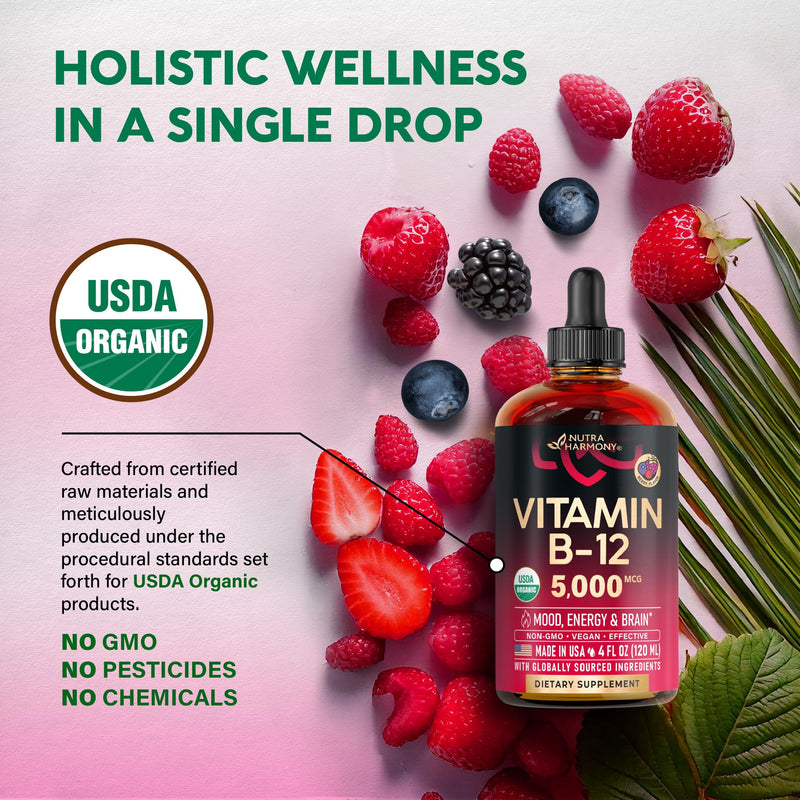 USDA Organic Vitamin B12 Sublingual Drops - Methylcobalamin 5000 mcg - 4 Oz | Vitamin B12 for Women & Men - Energy Boost, Focus & Brain Support - Bioavailable - Berry Flavor, Sugar-Free - 120-Day Supply Drops 4 fl oz