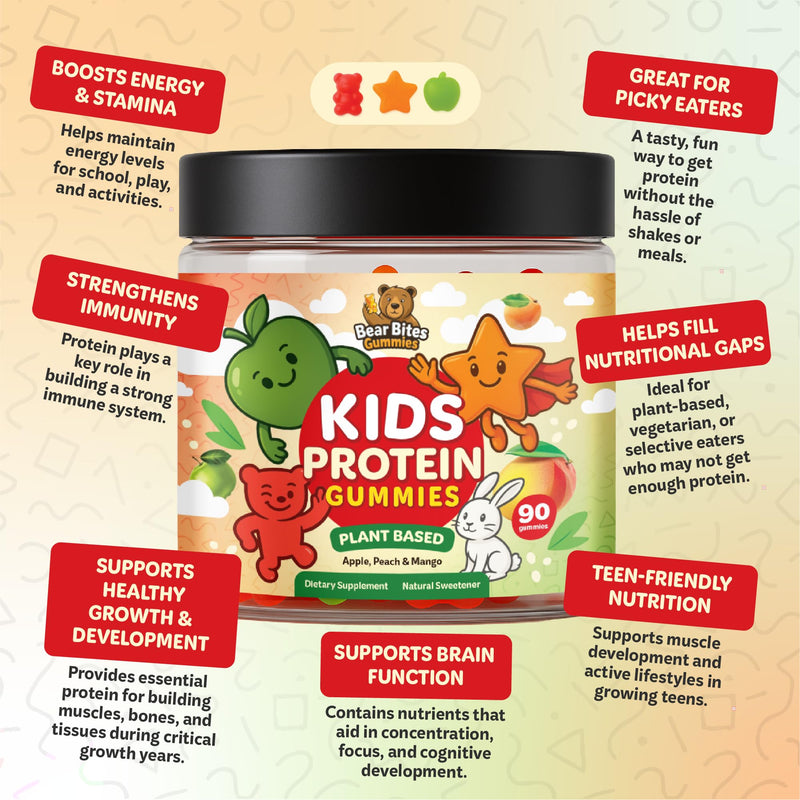 Bear Bites Gummies-Plant Based Kids Protein Gummy– Vegan, Sugar-Free, Gluten-Free, Vitamin C – Immunity Booster, Protein Snacks –Tasty Apple, Peach, Mango Flavors –90 Count –No Artificial Flavors