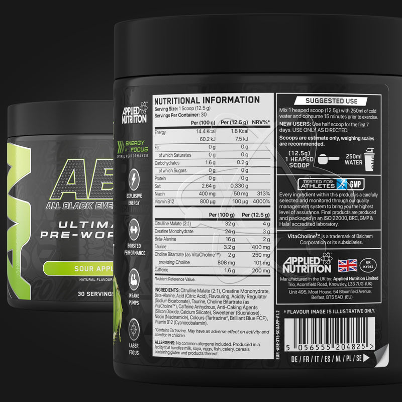 Applied Nutrition Bundle ABE Pre Workout 375g + ABE Black Shaker 400ml | All Black Everything Pre Workout Powder, Energy Drink, Physical Performance, Creatine, Beta Alanine, Caffeine (Sour Apple) Sour Apple Shaker 400 ml
