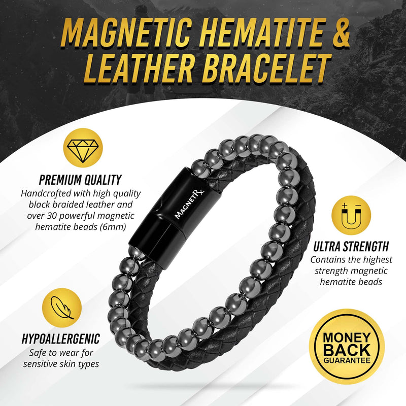[Australia] - MagnetRX¬Æ Hematite & Leather Magnetic Bracelet ‚Äì Max Strength Natural Stones ‚Äì Beaded Magnetic Hematite Bracelets (Medium) Medium (Pack of 1) Leather Black 