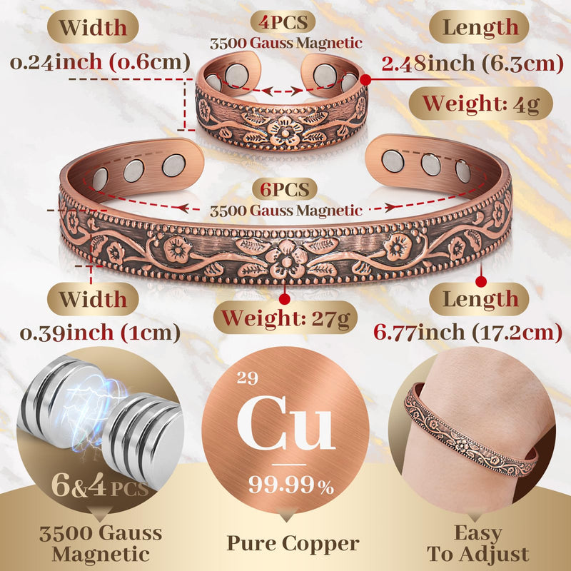 [Australia] - Copper Bracelet for Women, Magnetic Bracelets & Magnetic Rings with 3500 Gauss Magnets, 100% Solid Pure Copper Jewelry Gift Copper-Vintage Flower 