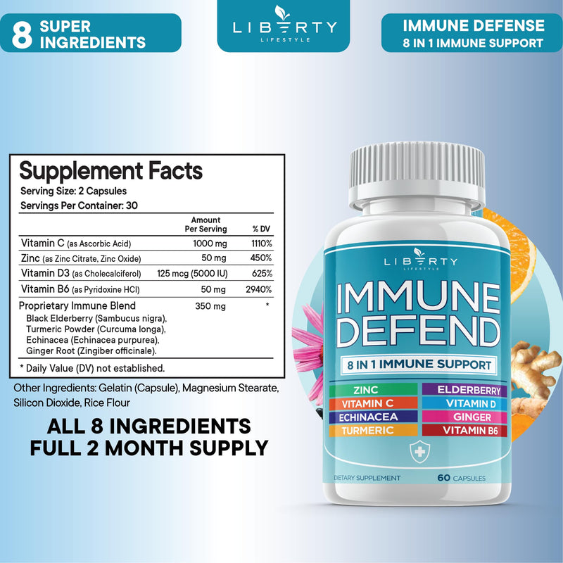 [Australia] - 8 in 1 Immune Defense Support, Immunity Capsules Supplement Booster with Echinacea Zinc 50mg, Vitamin C, D3 5000 IU, Turmeric Curcumin & Ginger, Echinacea - Allergy Relief for Kids Adults (1 Pack) 60 Count 