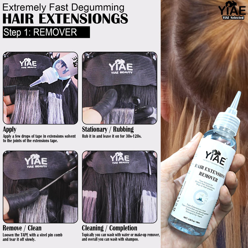 [Australia] - Tape in Extension Remover & Adhesive Residue Cleaner Pro Kit, YIAE Extra Strong Lemon Oil Wig Tape and Adhesive Remover, Wig Glue Remover Tape in Remover Gentle on Skin (100+100 ml) 