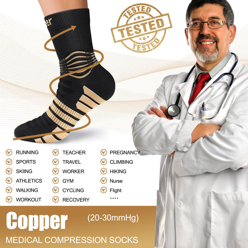 [Australia] - NEENCA Professional Copper Compression Socks, Medical Ankle Support Socks for Injuries Recovery & Pain Relief, Women & Men Circulation, Swelling, Runner, Travel, Pregnancy, Flying‚Äî1 Pair, 20-30 mmHg Large High Copper 