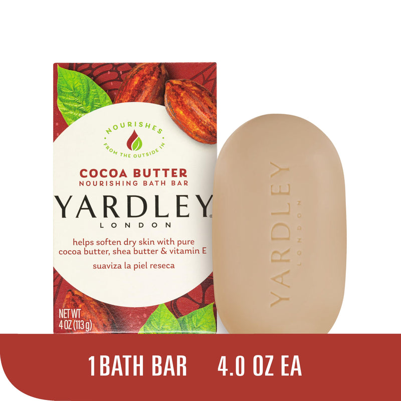 Yardley London Nourishing Bath Soap Bar Cocoa Butter, Helps Soften Dry Skin with Pure Cocoa Butter, Shea Butter & Vitamin E, 4.0 oz Bath Bar, 1 Soap Bar 1 Count (Pack of 1)