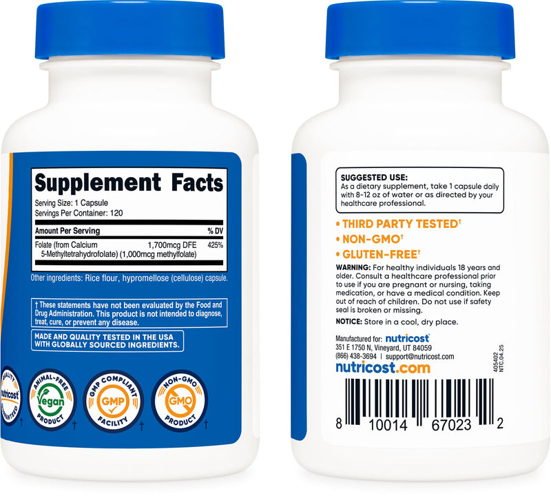 Nutricost Methylfolate 1000mcg, 120 Vegetarian Capsules, Gluten Free | GMO-Free (Methylated Folate) 120 Count (Pack of 1)