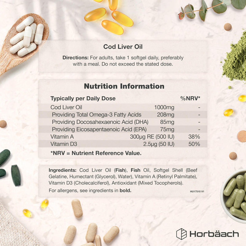 Cod Liver Oil Capsules High Strength 1000mg | 180 Softgels (6 Months Supply) | with Omega 3 Fatty Acids with Vitamin A and D + DHA & EPA | Formula for Adults | By Horbaach