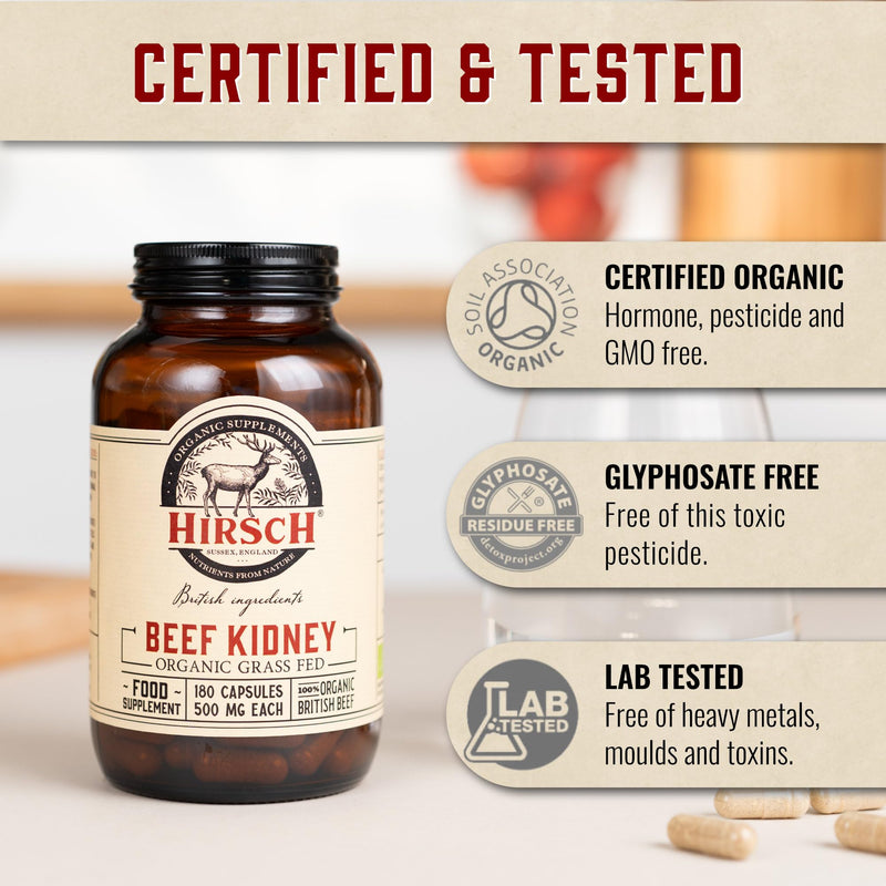 Hirsch Organic UK Grass Fed Beef Kidney Supplement - Soil Association Certified 100% Organic and Glyphosate Free & Vitamin & Mineral 3rd Party Tested
